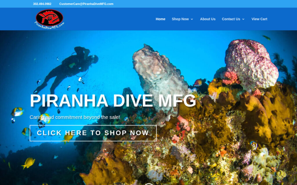 Piranha Dive MFG scuba equipment WordPress ecommerce website by Precision Web Hosting