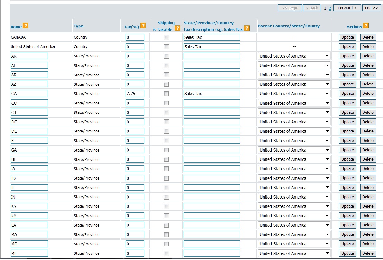 Cart 7 sales tax settings: tax rate and description per country and state