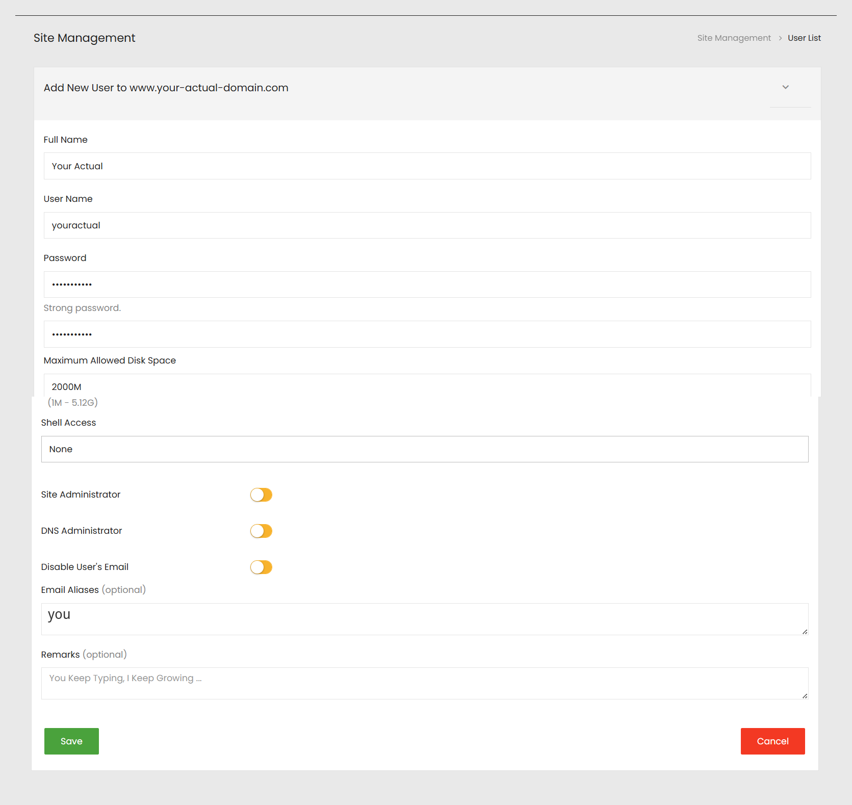 Add New User form: full name, user name, password, disk space, aliases
