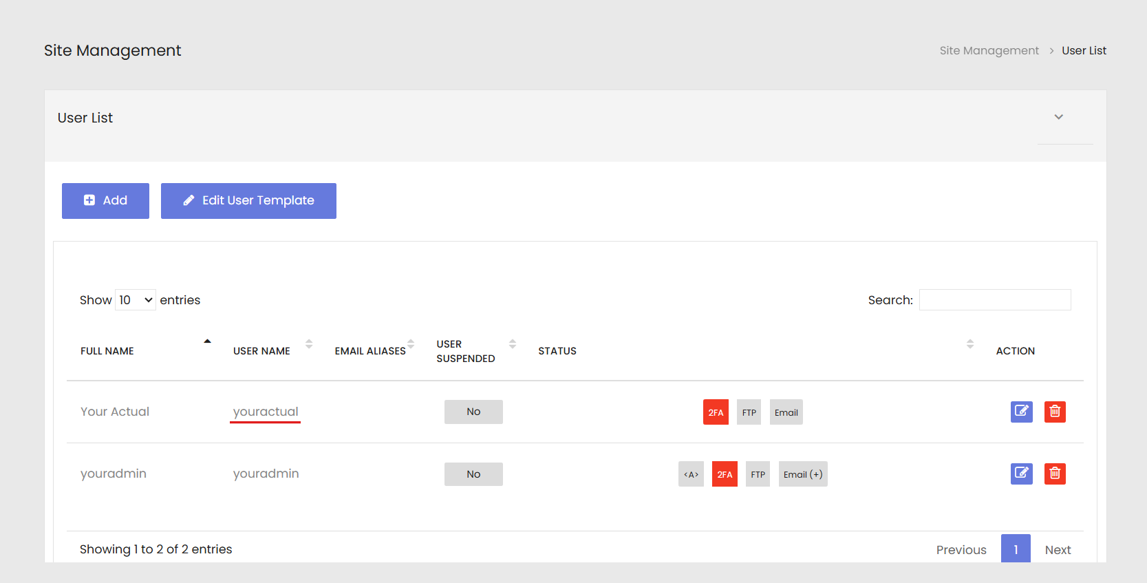 User List showing the new email account added
