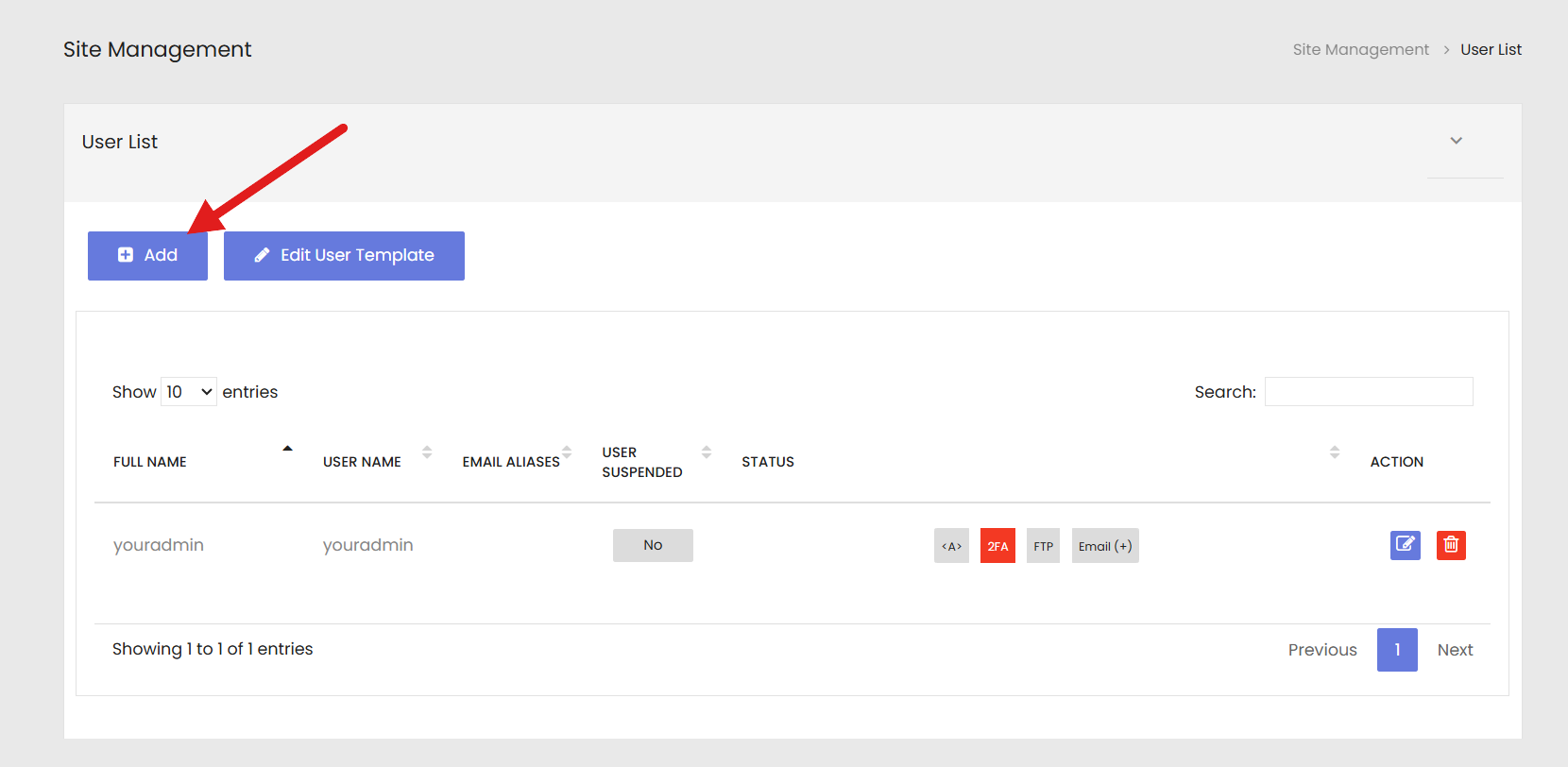 Site admin User List with the Add button